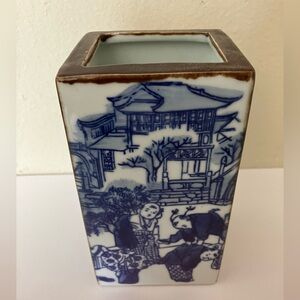 Beautiful Eclectic Blue and White Vintage Asian Brush Pot
